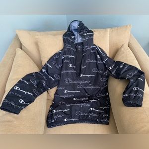 Boys Champion Windbreaker Pullover Hooded Jacket, Black, Size L